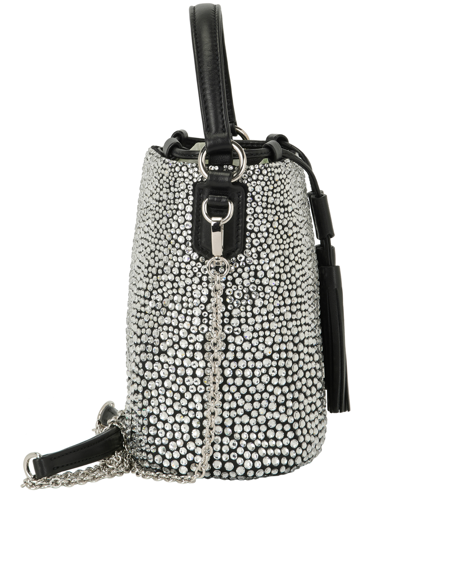 Embellished Bucket Bag, &pound;1,200, Handbags, Black/Silver, Satin, Side view
